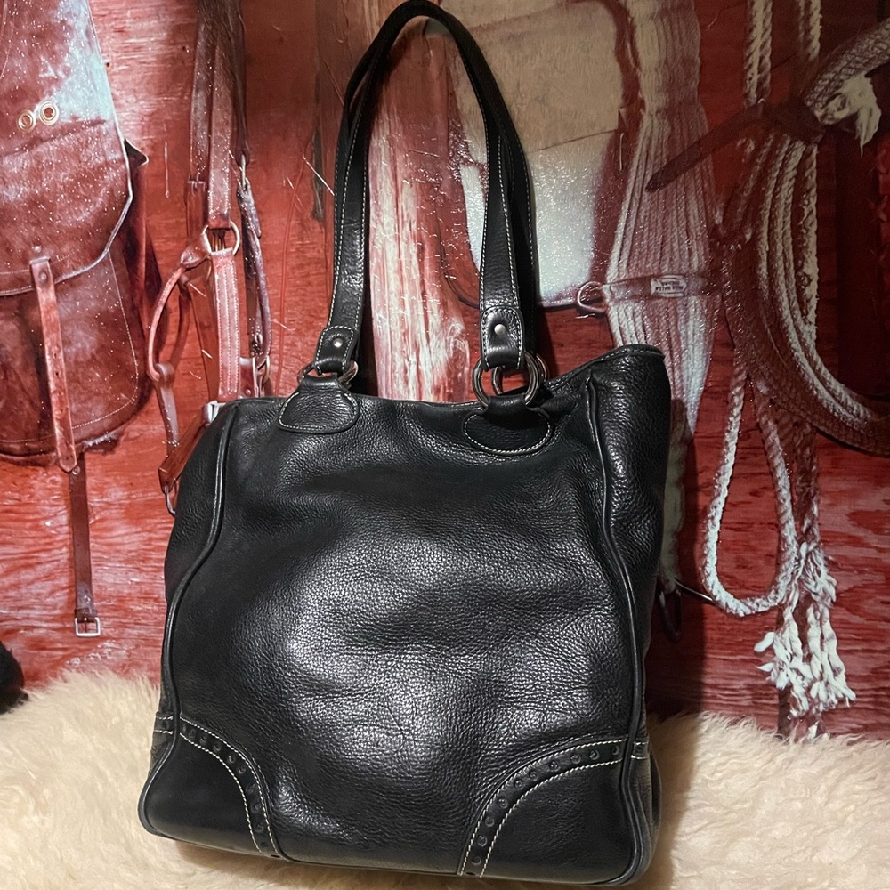 Roots XL thick black leather tote bag
